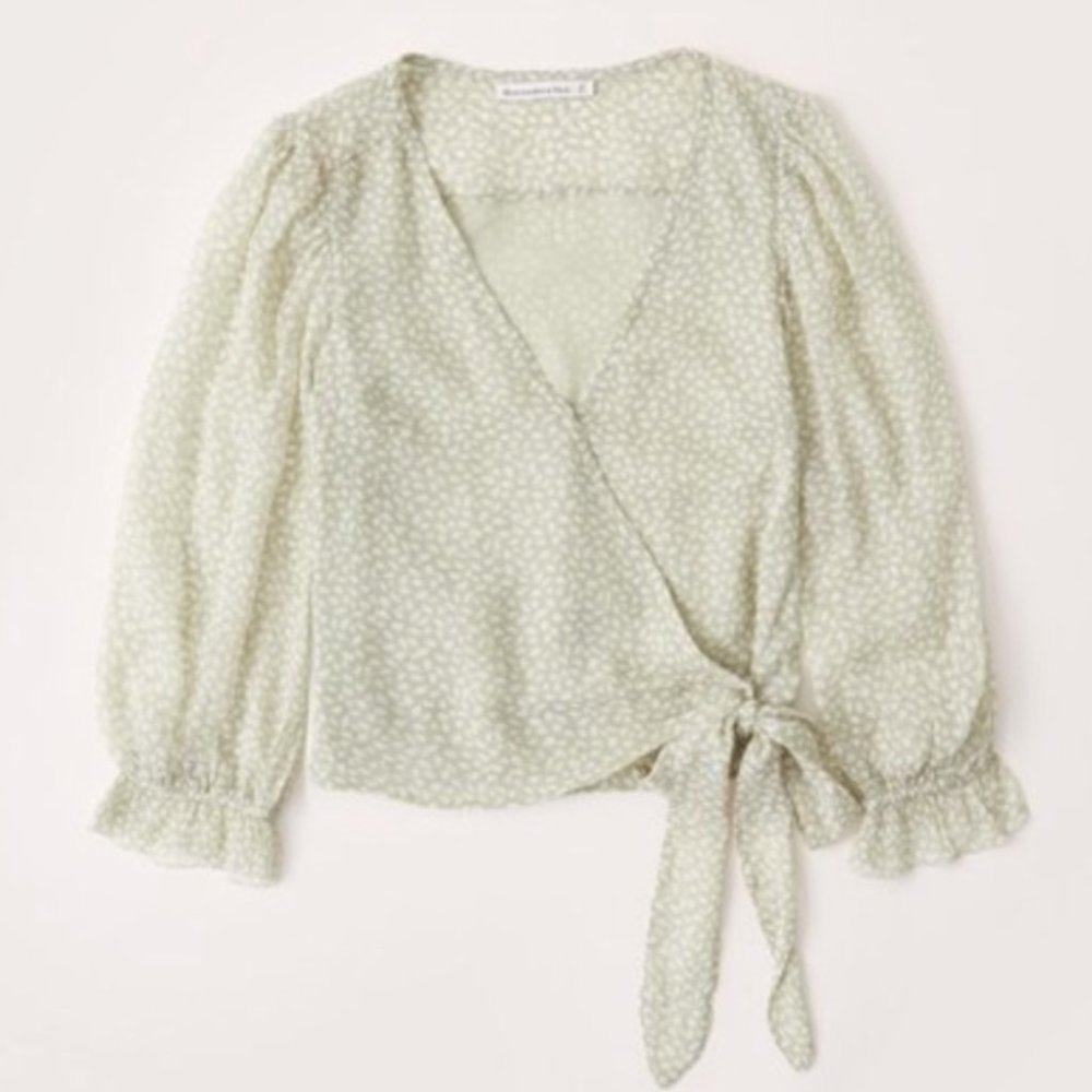 Abercrombie & Fitch Sage Polkadot Wrap Top Chiffon 3/4 Sleeve Bow Tie